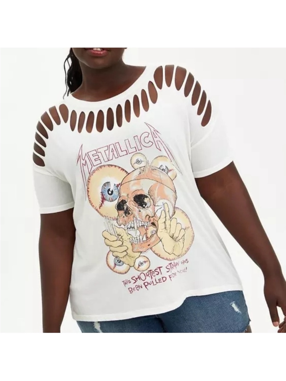 torrid White Metallica Skull Cutout Shoulder Tee